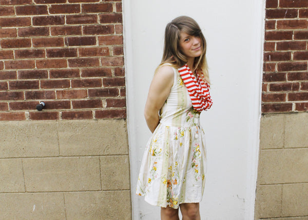 floral dress sweetie wearing a red and white striped scarf