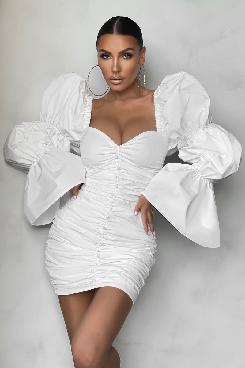 Pure Impact | White Exaggerated Puff Sleeve Gathered Mini Dress