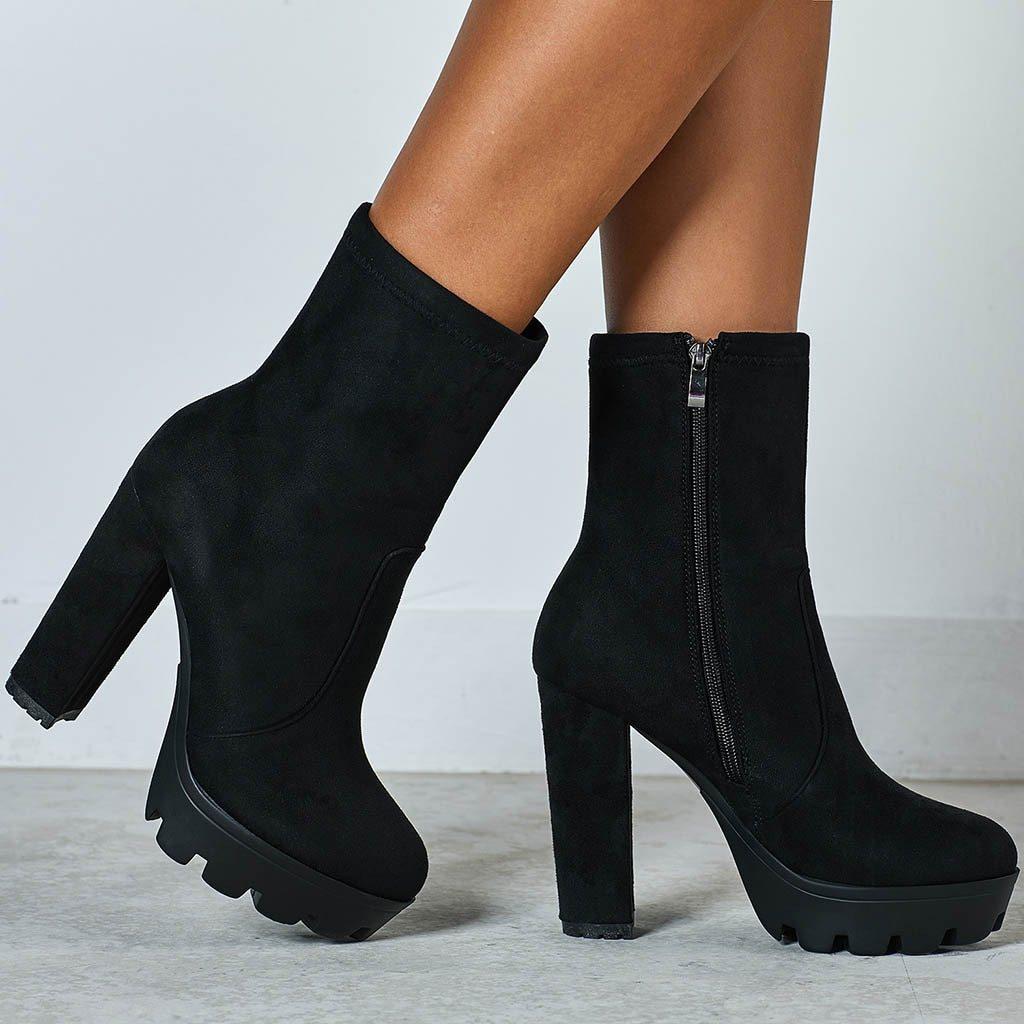 Black Chunky Heels Ankle Boots For Women
