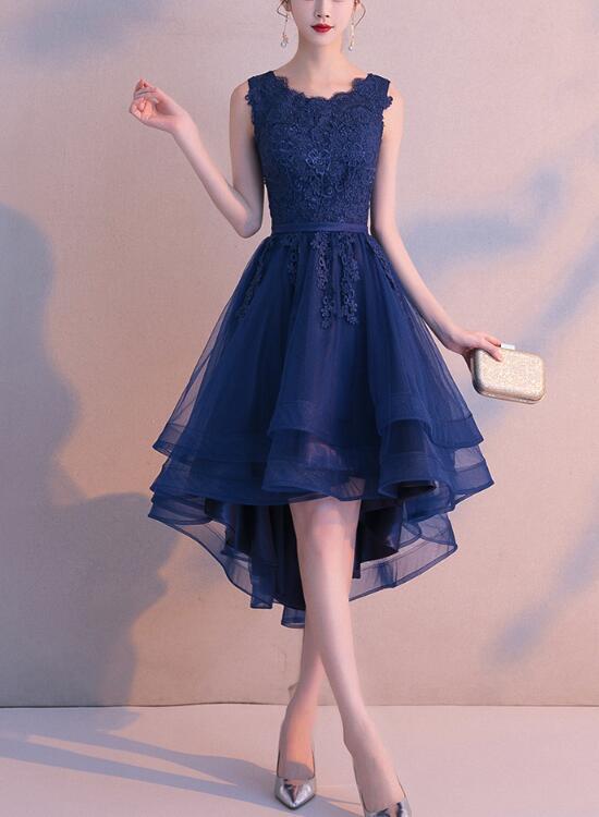 Charming Blue High Low Round Neckline Stylish Party Dress