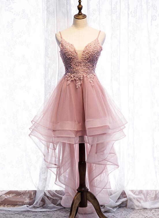 Straps Pink Homecoming Dress High Low Party Dress, 