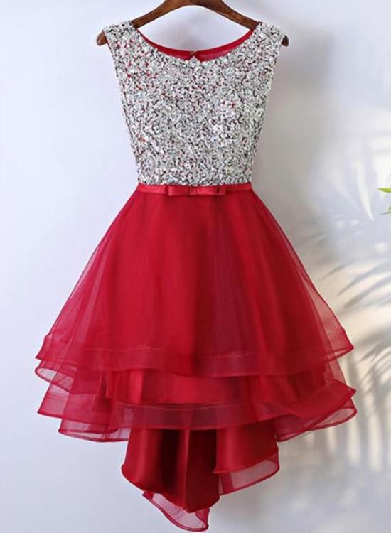 Beautiful Tulle Red Sequins High Low Party Dresses