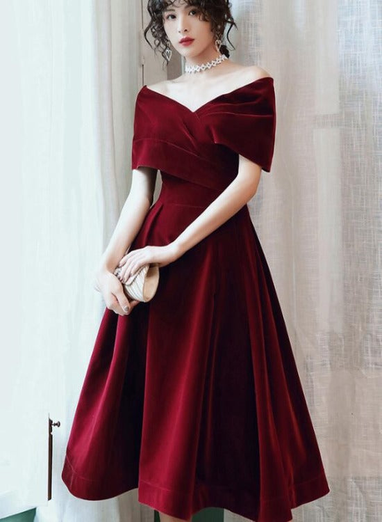 Beautiful Wine Red Velvet Tea Length Party Dress Bridesmaid Dress