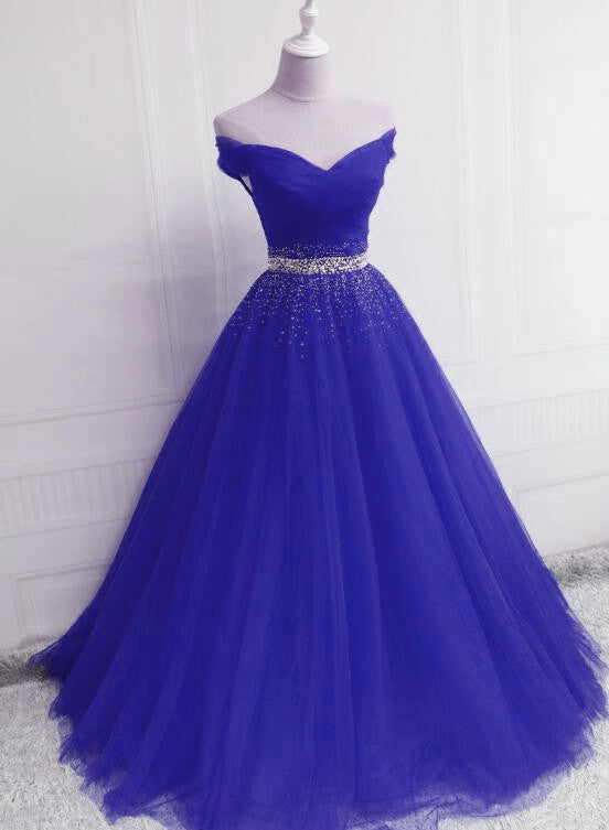 off shoulder royal blue gown