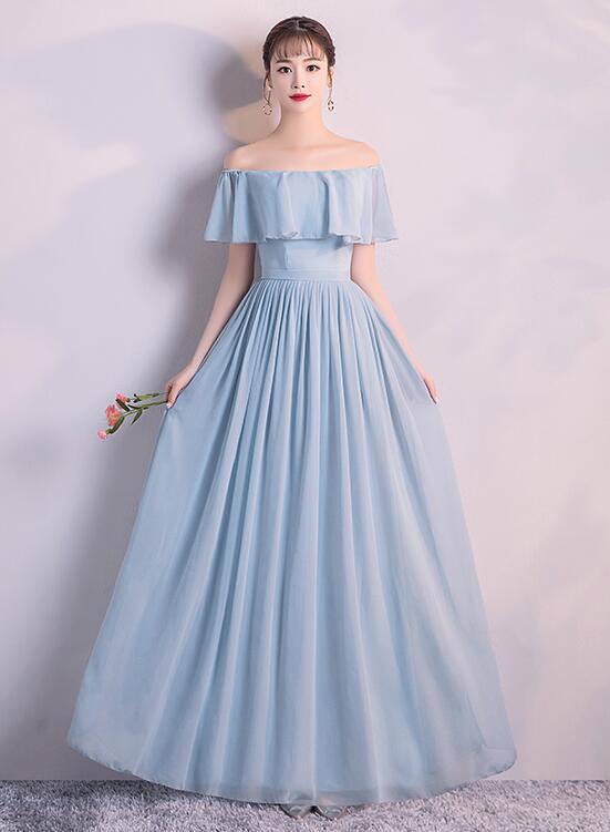 light blue off the shoulder bridesmaid dress