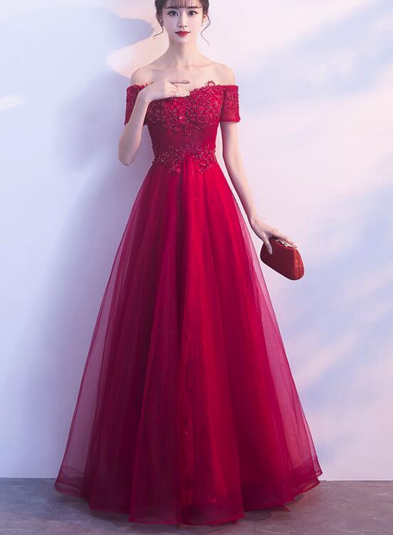 dark red off the shoulder prom dress