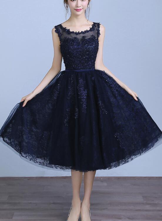 navy blue lace tea length dress