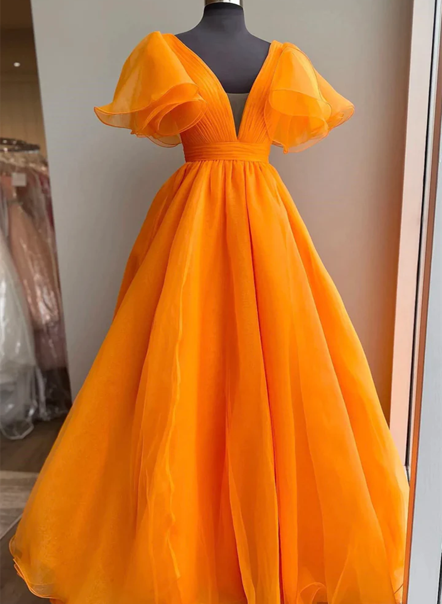 Orange Vneckline Puffy Sleeves Long Party Dress, Aline Organza Prom