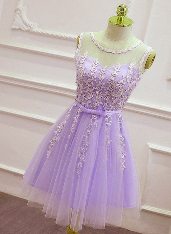 Cute Light Purple Tulle Short Prom Dress, Lace Applique Dress –