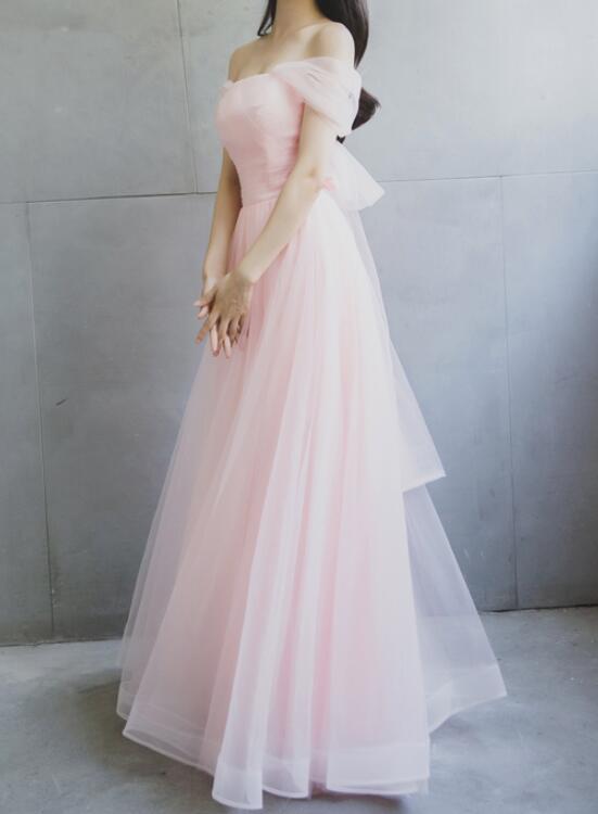 light pink off the shoulder bridesmaid dress