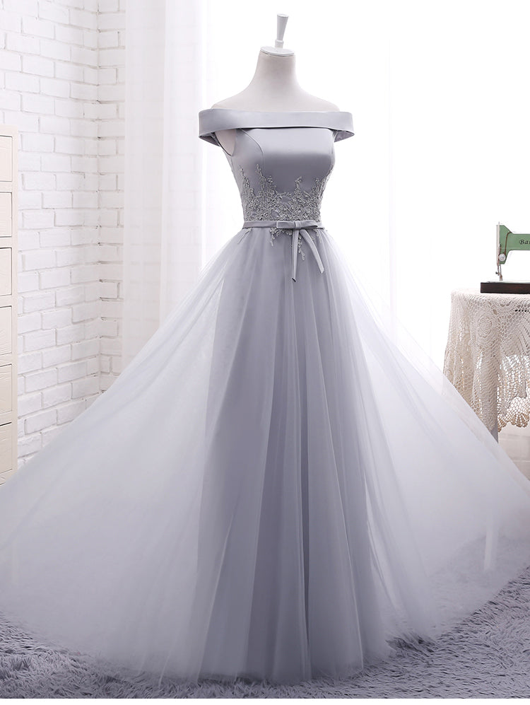off the shoulder grey bridesmaid dresses