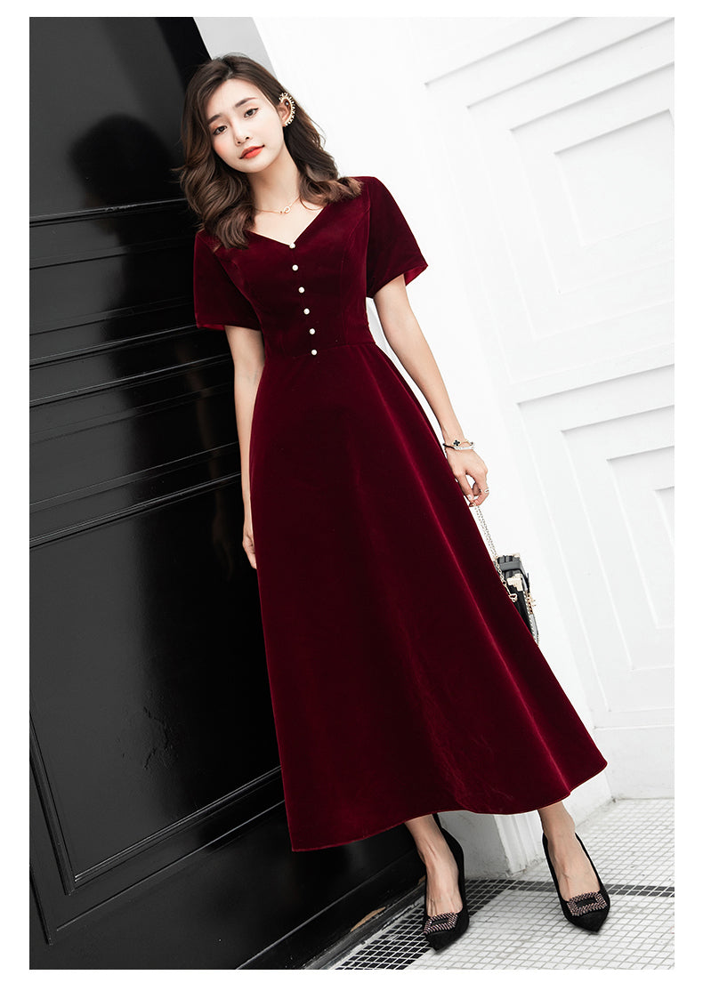 Wine Red Tea Length Short Sleeves Vintage Style Party Dress Velvet Br