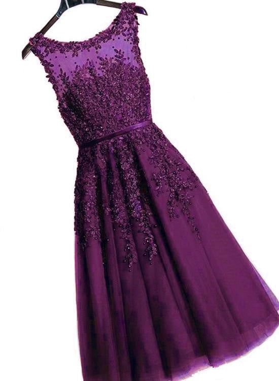 purple tea length dress