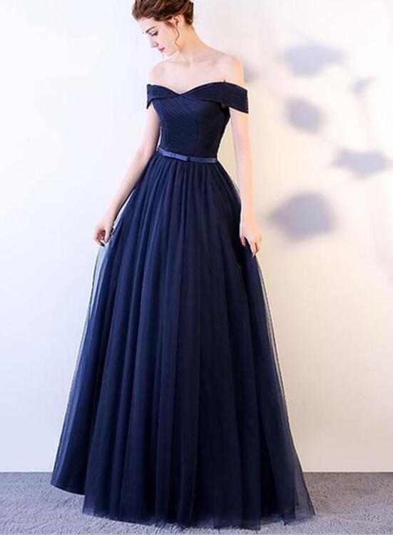 navy blue off shoulder prom dress