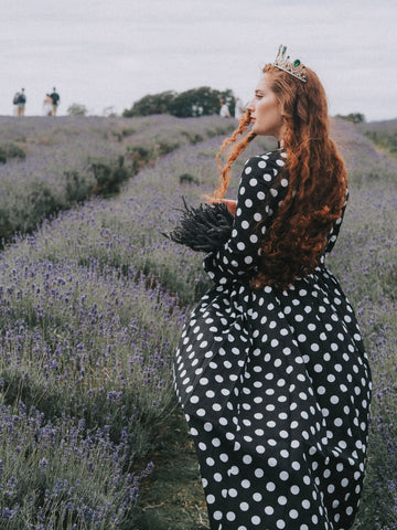 Polka Dot Modest Maxi With Long Sleeves - Zalinah White in the Mayfield Lavender Fields 