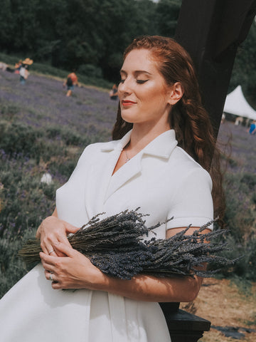 Neoprene Wrap Dress - Zalinah White in the Mayfield Lavender Fields 