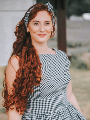 Ginger Girl wearing Gingham Dress Pin up Style - Zalinah White in the Lavender Fields July 2020 