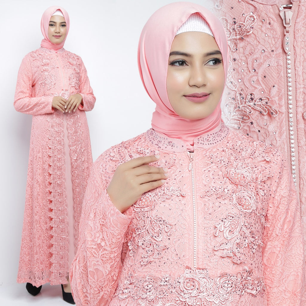Najwa Kaftan Women Long Sleeve Hand Beaded Brocade Salmon
