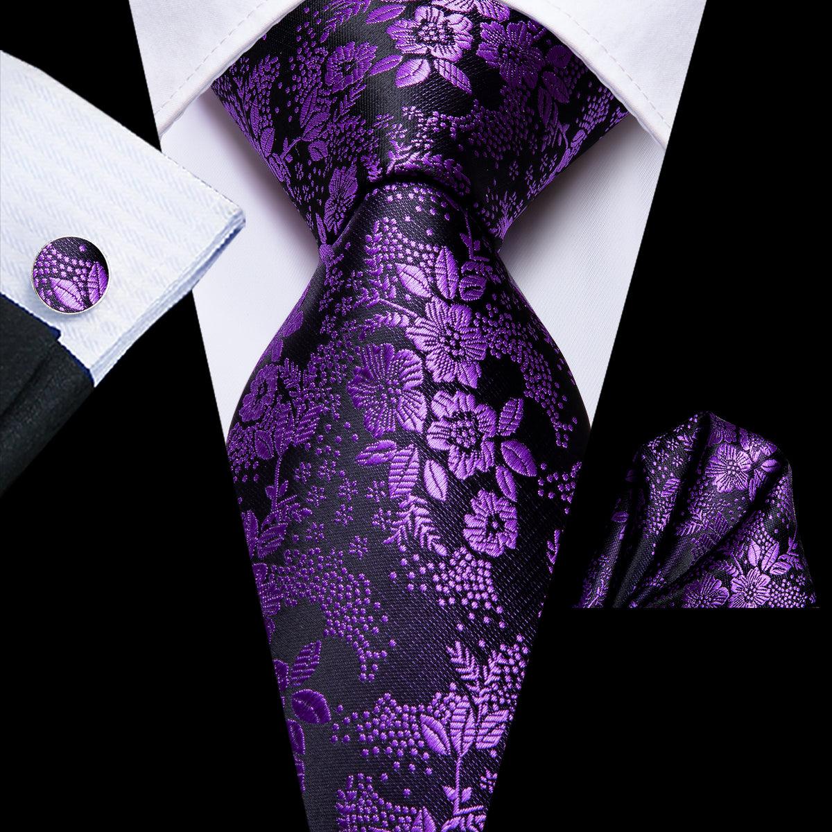 Mens Purple Grey WhiteSilk Tie+Hanky & Cufflinks Matching Set 122 