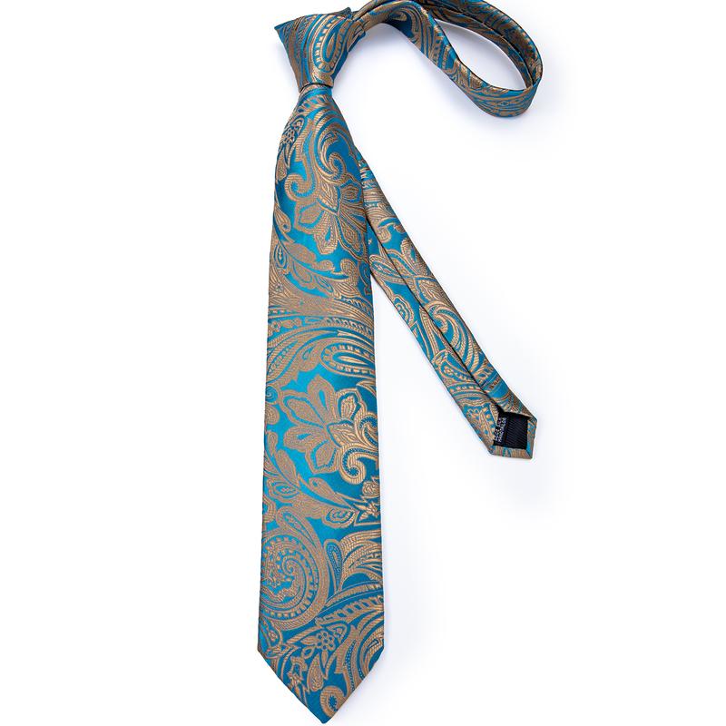 DQT Woven Floral Paisley Teal Classic Skinny Tie Hanky Cufflinks Set 