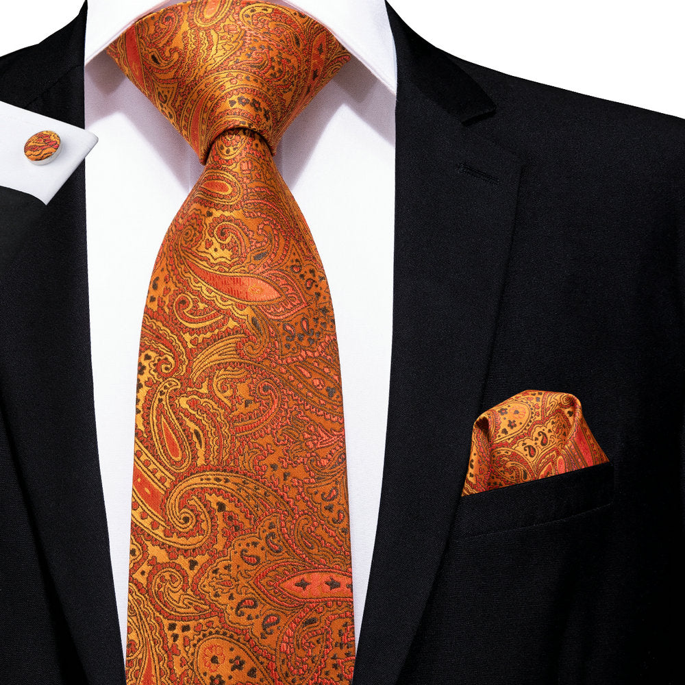 DiBanGu Mens Gift Tie Set Formal Orange Paisly Necktie and Gold Tie Ring Set Silk Pocket Square Cufflinks