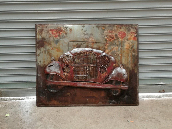 Antique Classic Car Rustic 3D Metal Wall Art - Red - 40" x 32"