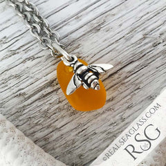 Orange Sea Glass Pendant with Sterling Silver Bumble Bee Charm