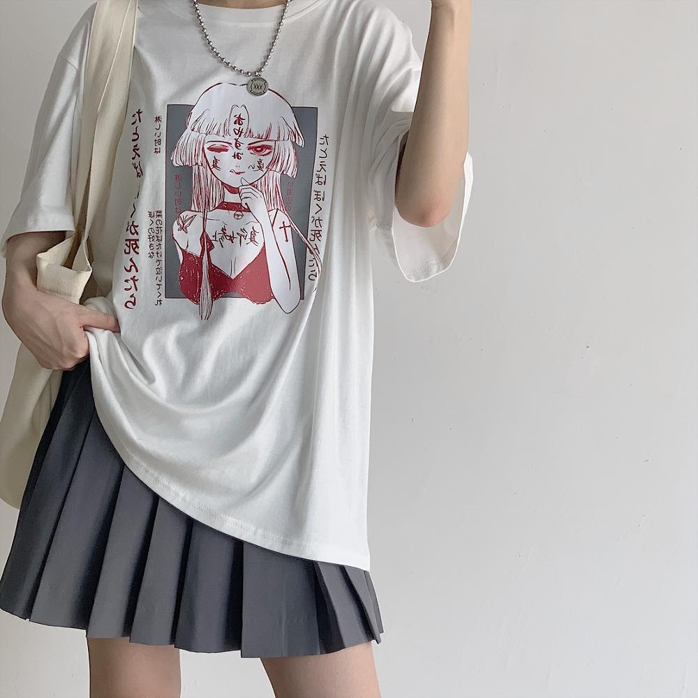 Harajuku Kawaii Anime Printed T-shirt Gothic Oversized Black Tee ...