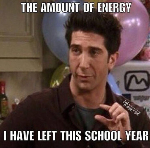 Ross from Friends in a Funny Teacher meme showing the tiny bit of energy teachers have left for the school year