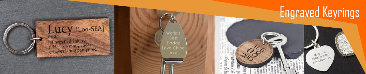 A collection of engraved personalised keyrings, including wooden and metal keyrings which can be personalised with a message. 