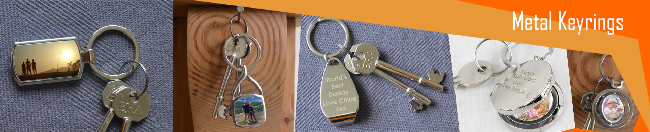 A collection of metal personalised keyrings, including a rectangular metal keyring, a square metal keyring, an engraved bottle opener keyring, a personalised locket keyring with a photo inside and a spinning circular keyring with a photo on either side.