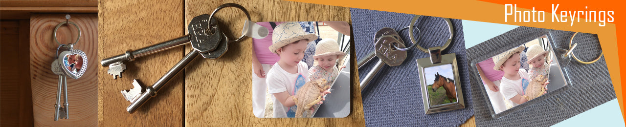A selection of our personalised photo keyrings, including a metal heart keyring with a photo of children in the centre, a square plastic keyring with a personal photo, a rectangular metal keyring with a photo of a horse and a rectangular plastic keyring with a family photo.