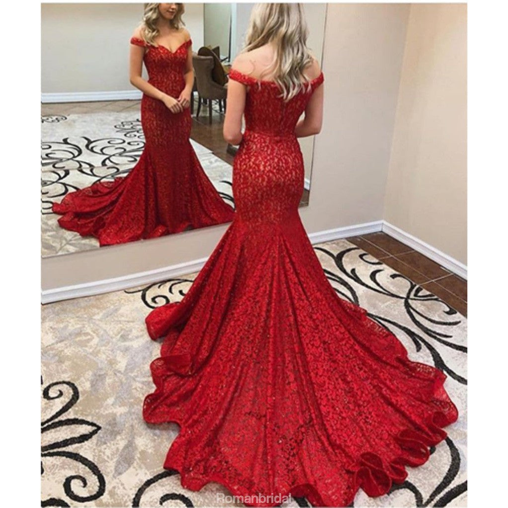 red lace off the shoulder prom dress