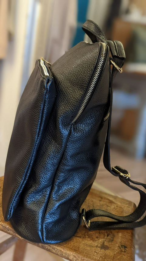 The Tallulah Italian Leather Backpack Bag - Black