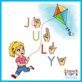Learn to fingerspell July in sign language.