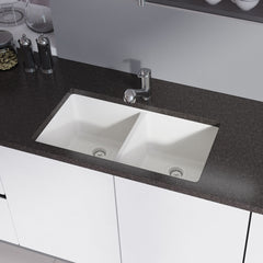ivory equal double bowl kitchen sink, white composite sink, directsinks.com