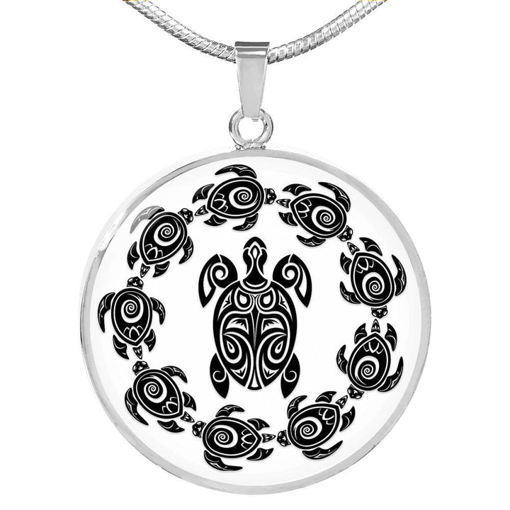 Peaceful Tribal Turtles White Background Jewelry Luxury Necklace (Silver) No
