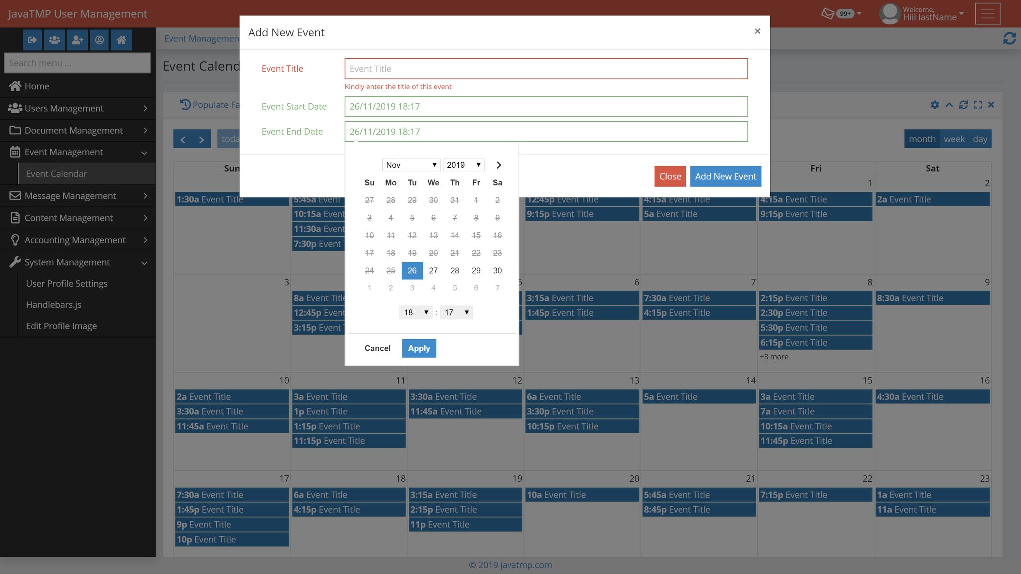 Java Bootstrap mysql jpa Diary and Calendar Events module