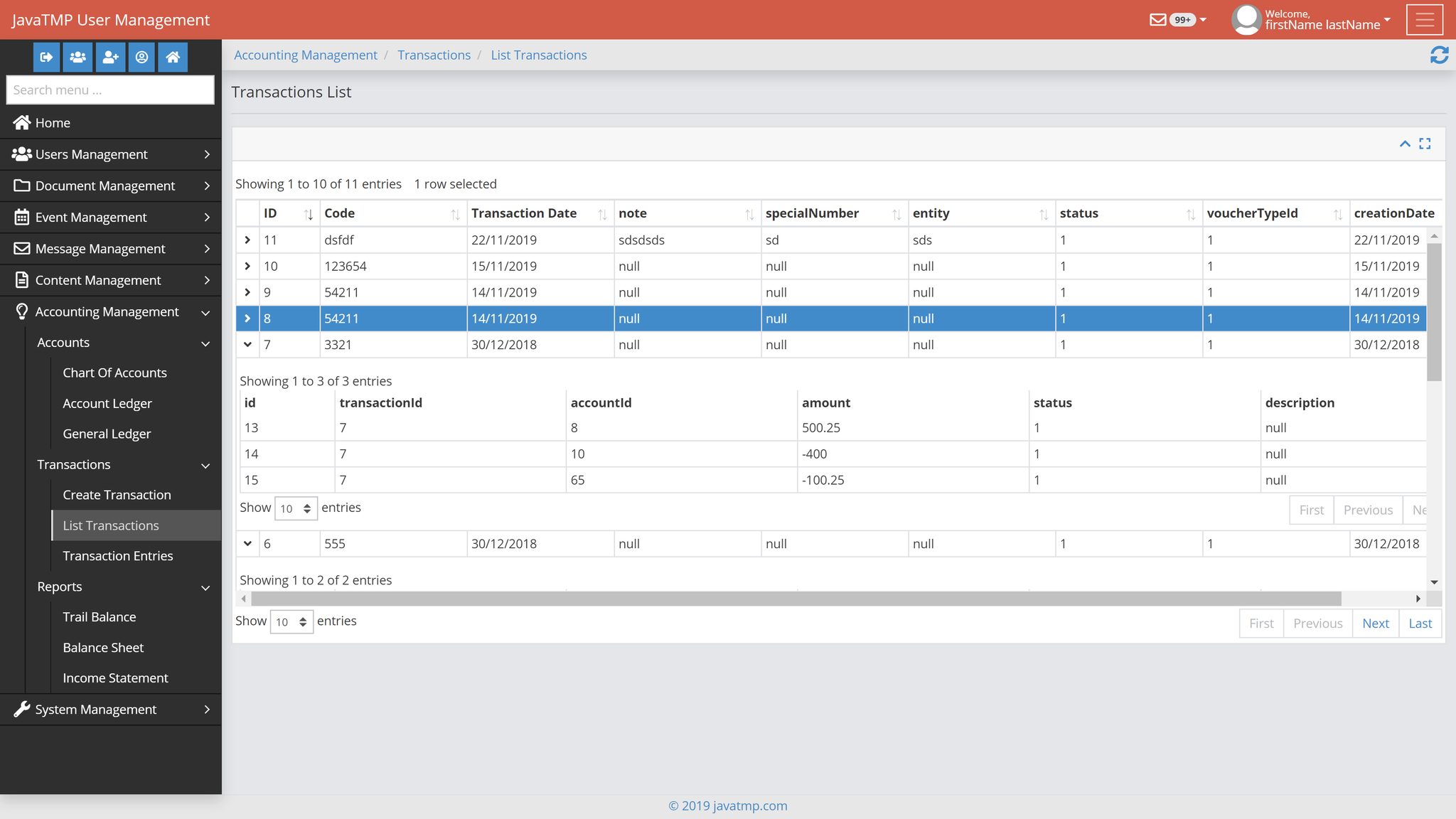 java bootstrap mysql double entry accounting master detail transaction entries