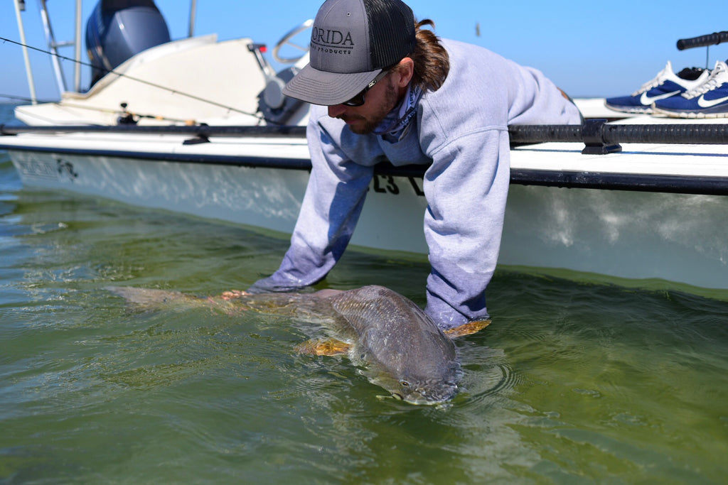 Releasing a giant redfish in Mosquito Lagoon