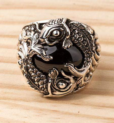 silver onyx koi fish men's ring