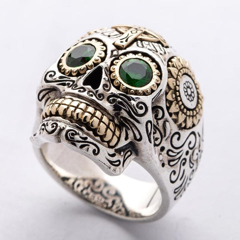 green eyes stone sugar skull ring