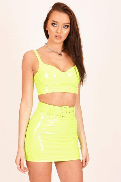 Neon Green Vinyl Belted Skirt | Katch 