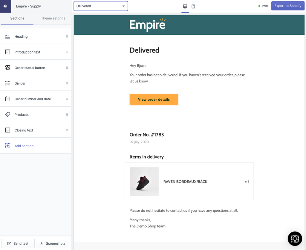 Example of Shopify's "Delivered" email notification