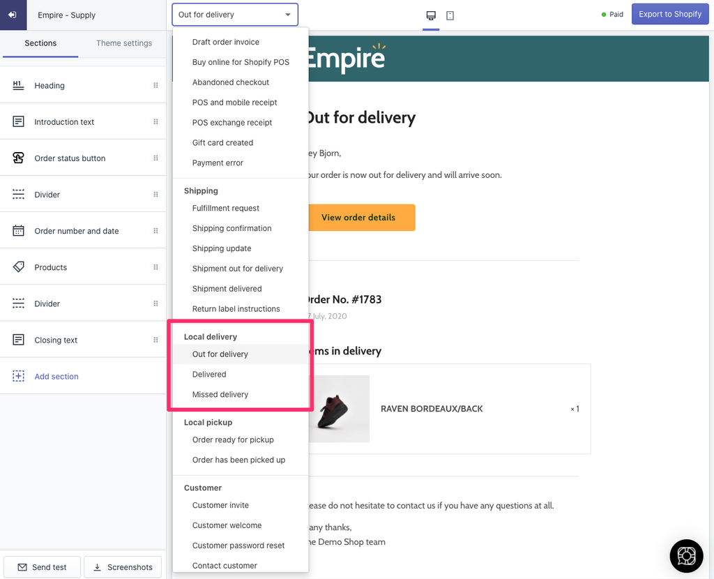 Image showing the 3 new Shopify local delivery emails in the OrderlyEmails editor.