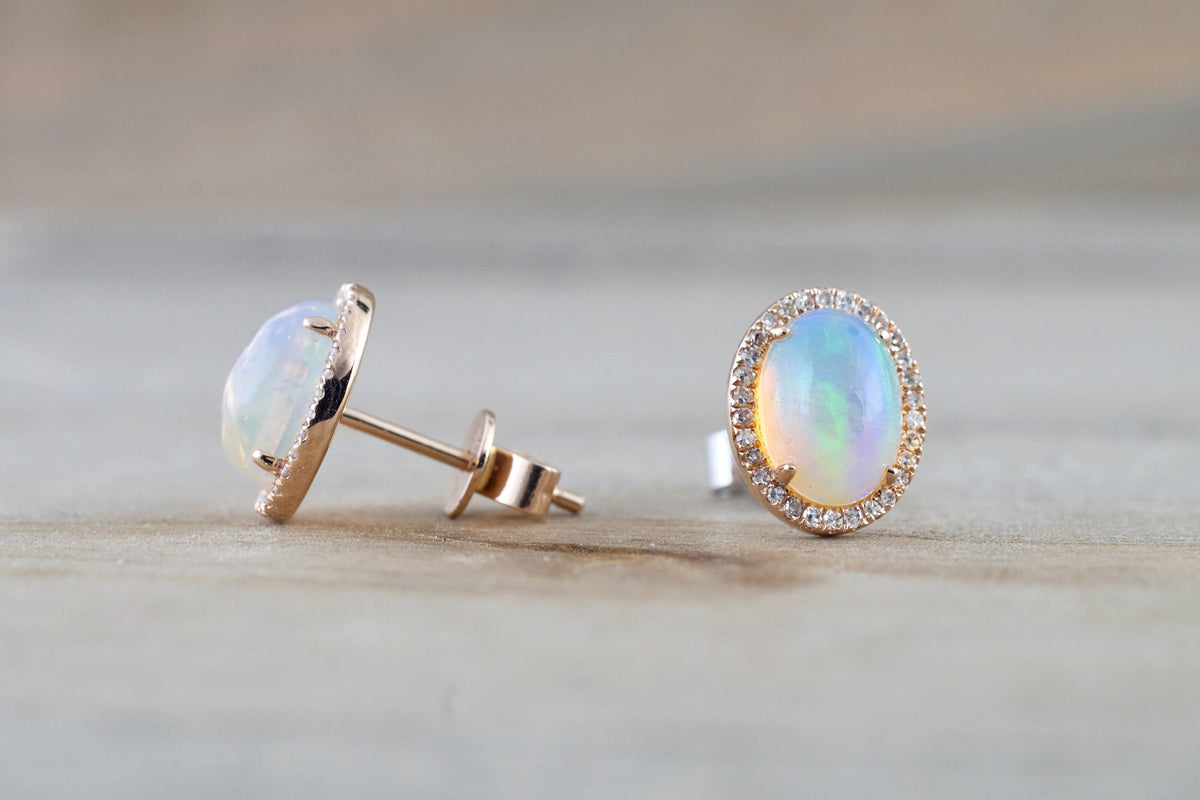 14k Rose Gold Oval Diamond Halo Opal Earring Studs Earrings