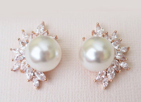 Diamond and Pearl stud earrings, pearl earrings, pearl wedding earrings