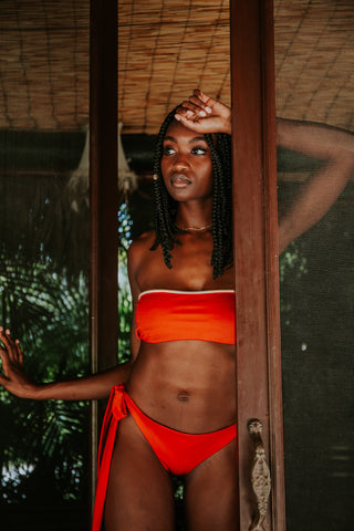 spicy orange red and nude seamless reversible bandeau bikini top and brazilian cut tie bottom