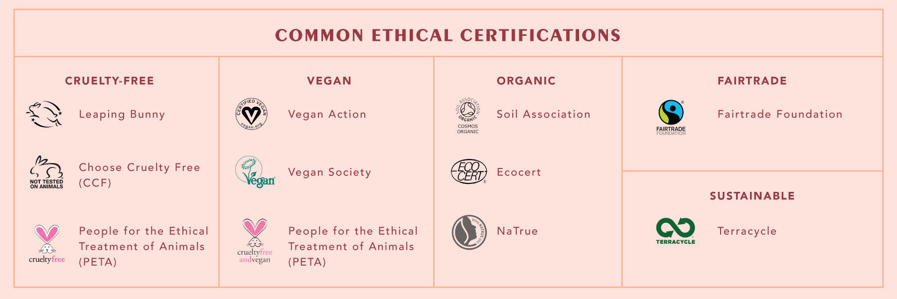 Common Ethical Certifications for Ethical Beauty (Credit: Time to Get Clean)