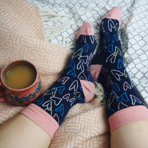 hearts socks in bed and tea